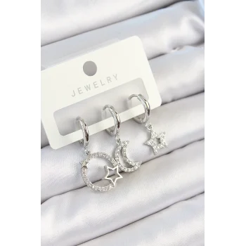 Mey İthalat® Pirinç Zirkon Taşlı Ay Ve Yıldız Model Gümüş Renk 3lü Çift Kadın Küpe Set