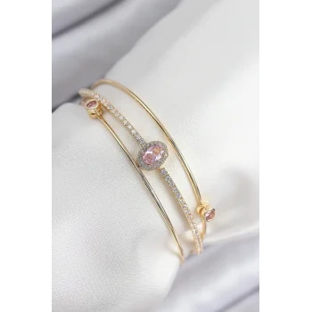 Mey İthalat® Pirinç Zirkon Taşlı Baget Model Gold Renk Kadın Bileklik