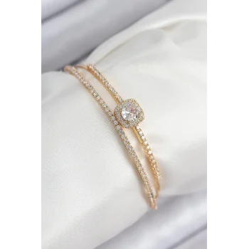 Mey İthalat® Pirinç Zirkon Taşlı Baget Model Gold Renk Kadın Bileklik