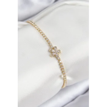 Mey İthalat® Pirinç Zirkon Taşlı Çiçek Model Gold Renk Kadın Bileklik