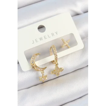 Mey İthalat® Pirinç Zirkon Taşlı Çiçek Ve Ay Model Gold Renk 3lü Çift Kadın Küpe Set