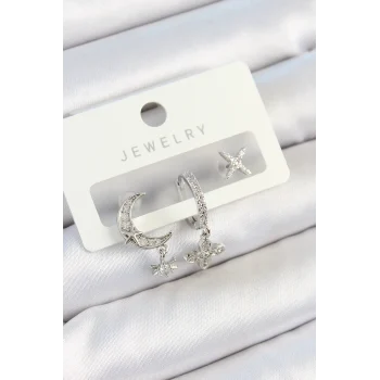 Mey İthalat® Pirinç Zirkon Taşlı Çiçek Ve Ay Model Gümüş Renk 3lü Çift Kadın Küpe Set