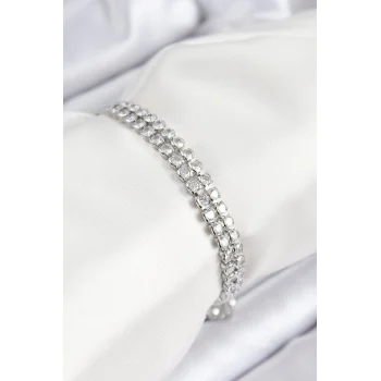 Mey İthalat® Pirinç Zirkon Taşlı Çift Sıra Model Gümüş Renk Asansörlü Kadın Bileklik