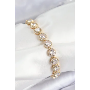 Mey İthalat® Pirinç Zirkon Taşlı Daire Baget Model Gold Renk VIP Seri Kadın Bileklik