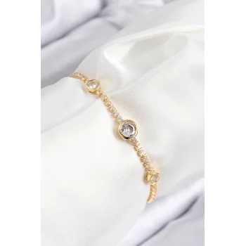 Mey İthalat® Pirinç Zirkon Taşlı Daire Model Gold Renk Asansörlü Kadın Bileklik