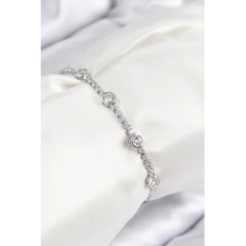 Mey İthalat® Pirinç Zirkon Taşlı Daire Model Gümüş Renk Asansörlü Kadın Bileklik
