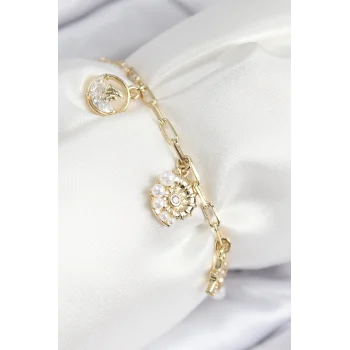 Mey İthalat® Pirinç Zirkon Taşlı Deniz Kabuğu Model Gold Renk Kadın Bileklik