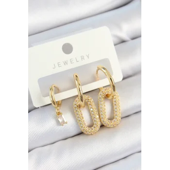 Mey İthalat® Pirinç Zirkon Taşlı Dikdörtgen Model Gold Renk 3lü Çift Kadın Küpe Set