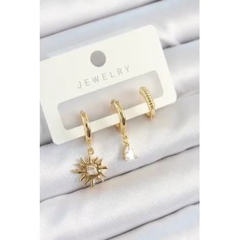 Mey İthalat® Pirinç Zirkon Taşlı Güneş Model Gold Renk 3lü Çift Kadın Küpe Set