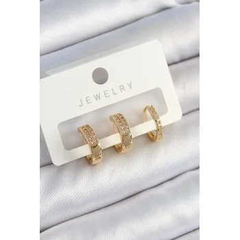 Mey İthalat® Pirinç Zirkon Taşlı Halka Model Gold Renk 3lü Çift Kadın Küpe Set