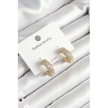 Mey İthalat® Pirinç Zirkon Taşlı Halka Model Gold Renk Kadın Küpe
