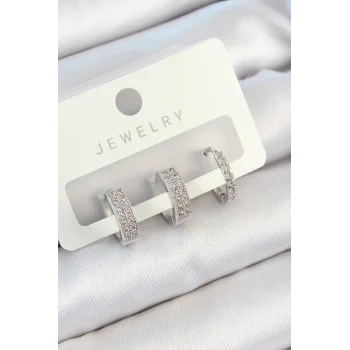 Mey İthalat® Pirinç Zirkon Taşlı Halka Model Gümüş Renk 3lü Çift Kadın Küpe Set
