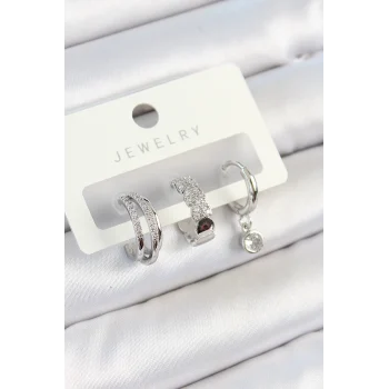 Mey İthalat® Pirinç Zirkon Taşlı Halka Model Gümüş Renk 3lü Çift Kadın Küpe Set