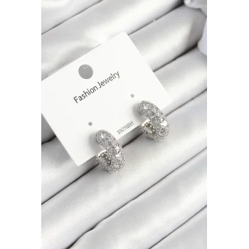 Mey İthalat® Pirinç Zirkon Taşlı Halka Model Gümüş Renk Kadın Küpe