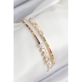 Mey İthalat® Pirinç Zirkon Taşlı İnci Model Gold Renk Kadın Bileklik