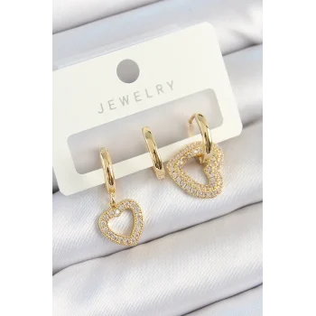 Mey İthalat® Pirinç Zirkon Taşlı Kalp Model Gold Renk 3lü Çift Kadın Küpe Set