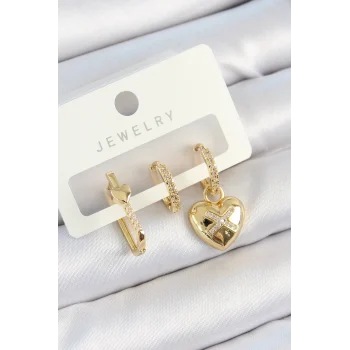 Mey İthalat® Pirinç Zirkon Taşlı Kalp Model Gold Renk 3lü Çift Kadın Küpe Set