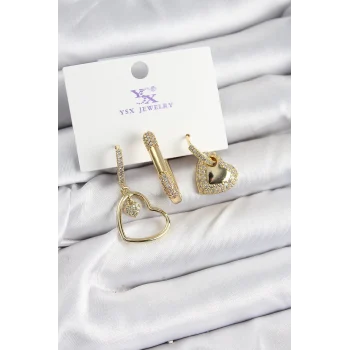 Mey İthalat® Pirinç Zİrkon Taşlı Kalp Model Gold Renk 3lü Kadın Küpe
