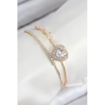 Mey İthalat® Pirinç Zirkon Taşlı Kalp Model Gold Renk Kadın Bileklik