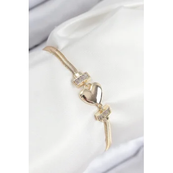 Mey İthalat® Pirinç Zirkon Taşlı Kalp Model Gold Renk Kadın Bileklik