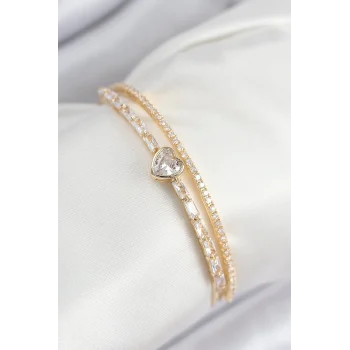 Mey İthalat® Pirinç Zirkon Taşlı Kalp Model Gold Renk Kadın Bileklik