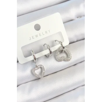 Mey İthalat® Pirinç Zirkon Taşlı Kalp Model Gümüş Renk 3lü Çift Kadın Küpe Set