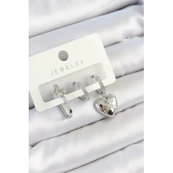 Mey İthalat® Pirinç Zirkon Taşlı Kalp Model Gümüş Renk 3lü Çift Kadın Küpe Set