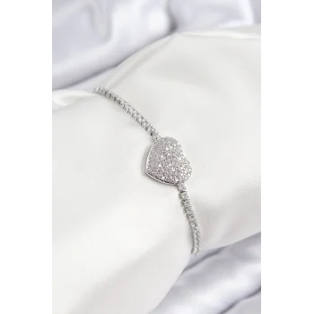 Mey İthalat® Pirinç Zirkon Taşlı Kalp Model Gümüş Renk Asansörlü Kadın Bileklik