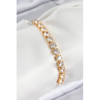 Mey İthalat® Pirinç Zirkon Taşlı Kare Model Gold Renk Asansörlü Kadın Bileklik