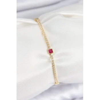 Mey İthalat® Pirinç Zirkon Taşlı Kare Model Gold Renk Kadın Bilekilk