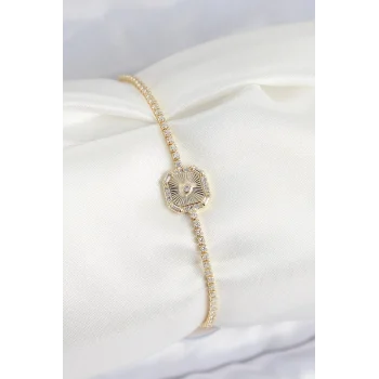 Mey İthalat® Pirinç Zirkon Taşlı Kare Model Gold Renk Kadın Bilekilk