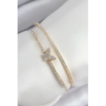 Mey İthalat® Pirinç Zirkon Taşlı Kelebek Model Gold Renk Kadın Bileklik