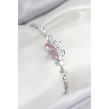 Mey İthalat® Pirinç Zirkon Taşlı Kelebek Model Gümüş Renk Kadın Bileklik