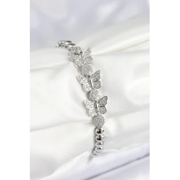 Mey İthalat® Pirinç Zirkon Taşlı Kelebek Model Gümüş Renk Kadın Bileklik
