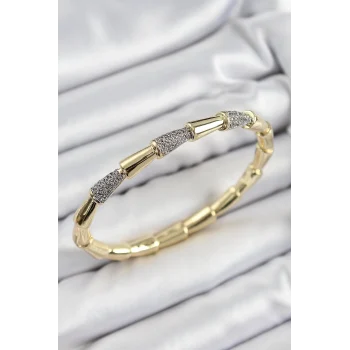 Mey İthalat® Pirinç Zirkon Taşlı Kemik Model Gold Renk Vip Kadın Bileklik