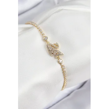 Mey İthalat® Pirinç Zirkon Taşlı Kuğu Model Gold Renk Kadın Bileklik