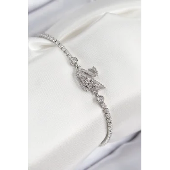 Mey İthalat® Pirinç Zirkon Taşlı Kuğu Model Gümüş Renk Kadın Bileklik