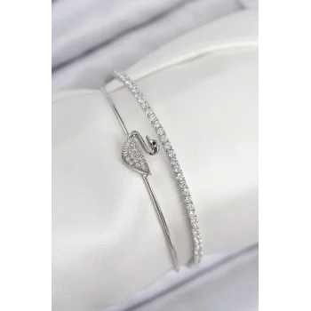 Mey İthalat® Pirinç Zirkon Taşlı Kuğu Model Gümüş Renk Kadın Bileklik