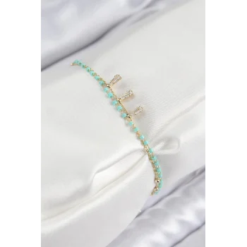 Mey İthalat® Pirinç Zirkon Taşlı Mavi Boncuklu Model Gold Renk Kadın Bileklik
