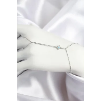 Mey İthalat® Pirinç Zirkon Taşlı Mavi Boncuklu Yonca Model Gümüş Renk Şahmeran