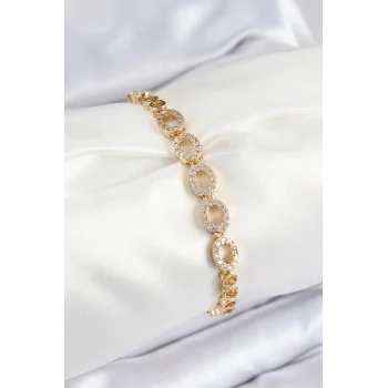 Mey İthalat® Pirinç Zirkon Taşlı Oval Model Gold Renk Kadın Bileklik