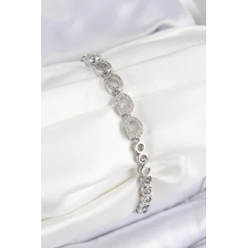 Mey İthalat® Pirinç Zirkon Taşlı Oval Model Gümüş Renk Kadın Bileklik