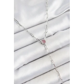 Mey İthalat® Pirinç Zirkon Taşlı Pembe Kalp Figürlü Y Model Gümüş Renk Kadın Kolye
