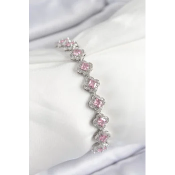 Mey İthalat® Pirinç Zirkon Taşlı Pembe Yonca Baget Model Gümüş Renk VIP Seri Kadın Bileklik