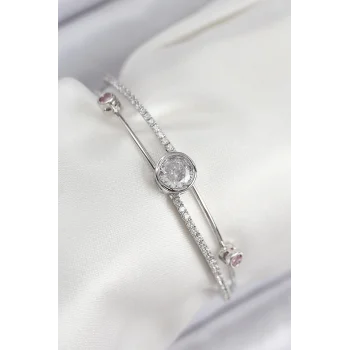 Mey İthalat® Pirinç Zirkon Taşlı Pırlanta Model Gümüş Renk Kadın Bileklik