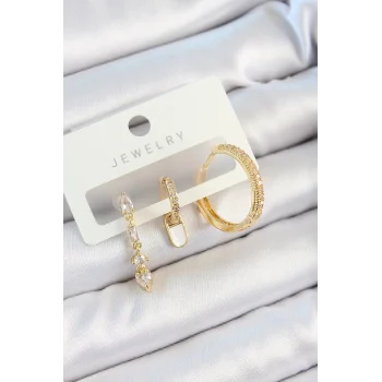 Mey İthalat® Pirinç Zirkon Taşlı Sallantılı Model Gold Renk 3lü Çift Kadın Küpe Set
