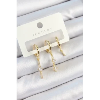 Mey İthalat® Pirinç Zirkon Taşlı Sallantılı Model Gold Renk 3lü Çift Kadın Küpe Set