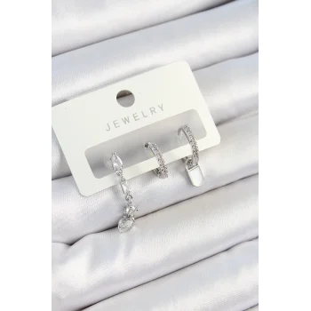 Mey İthalat® Pirinç Zirkon Taşlı Sallantılı Model Gümüş Renk 3lü Çift Kadın Küpe Set
