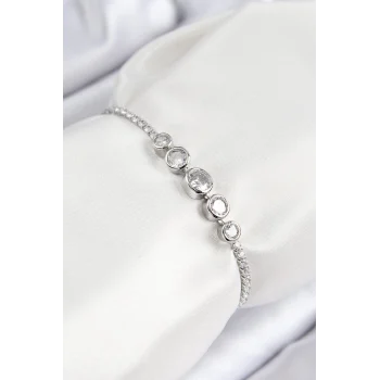 Mey İthalat® Pirinç Zirkon Taşlı Sıralı Daire Model Gümüş Renk Asansörlü Kadın Bileklik