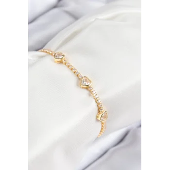 Mey İthalat® Pirinç Zirkon Taşlı Sıralı Kalp Model Gold Renk Kadın Bileklik